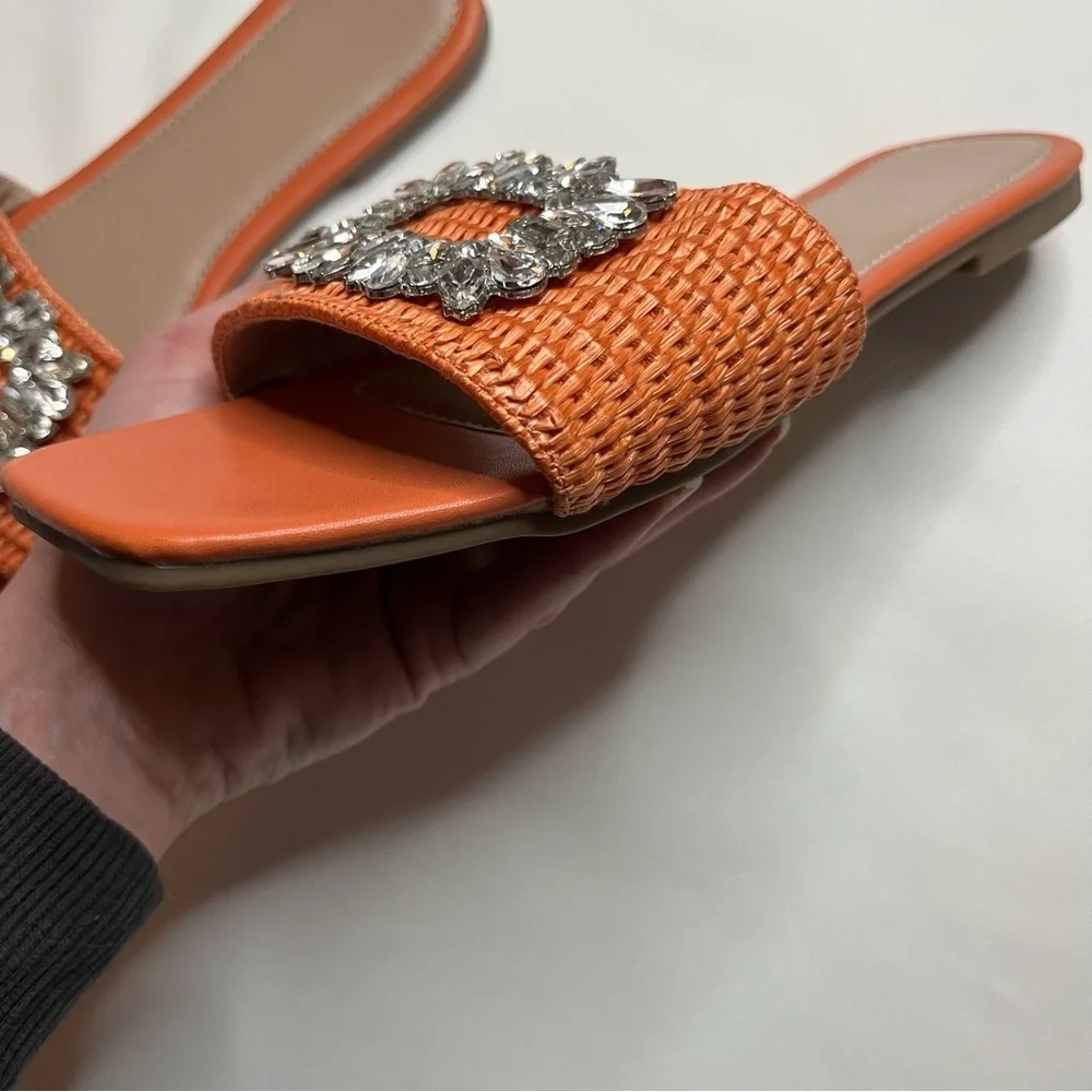 Amazon LVOMU Rhinestone Orange Weave Square Toe Flat Slide Sandals Size EU 38